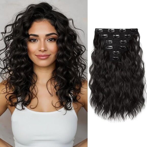 Curly Hair Extensions Clip ins 6PCS Wavy Synthetic Natural Look for Daily Use